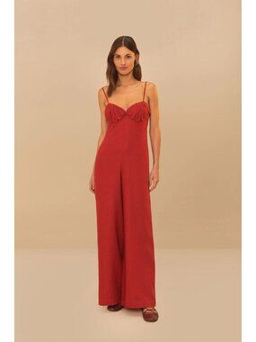 NWT Farm Rio Red 3D Petals Bodice Euroflax Premium Linen Jumpsuit XXS Wide-Leg